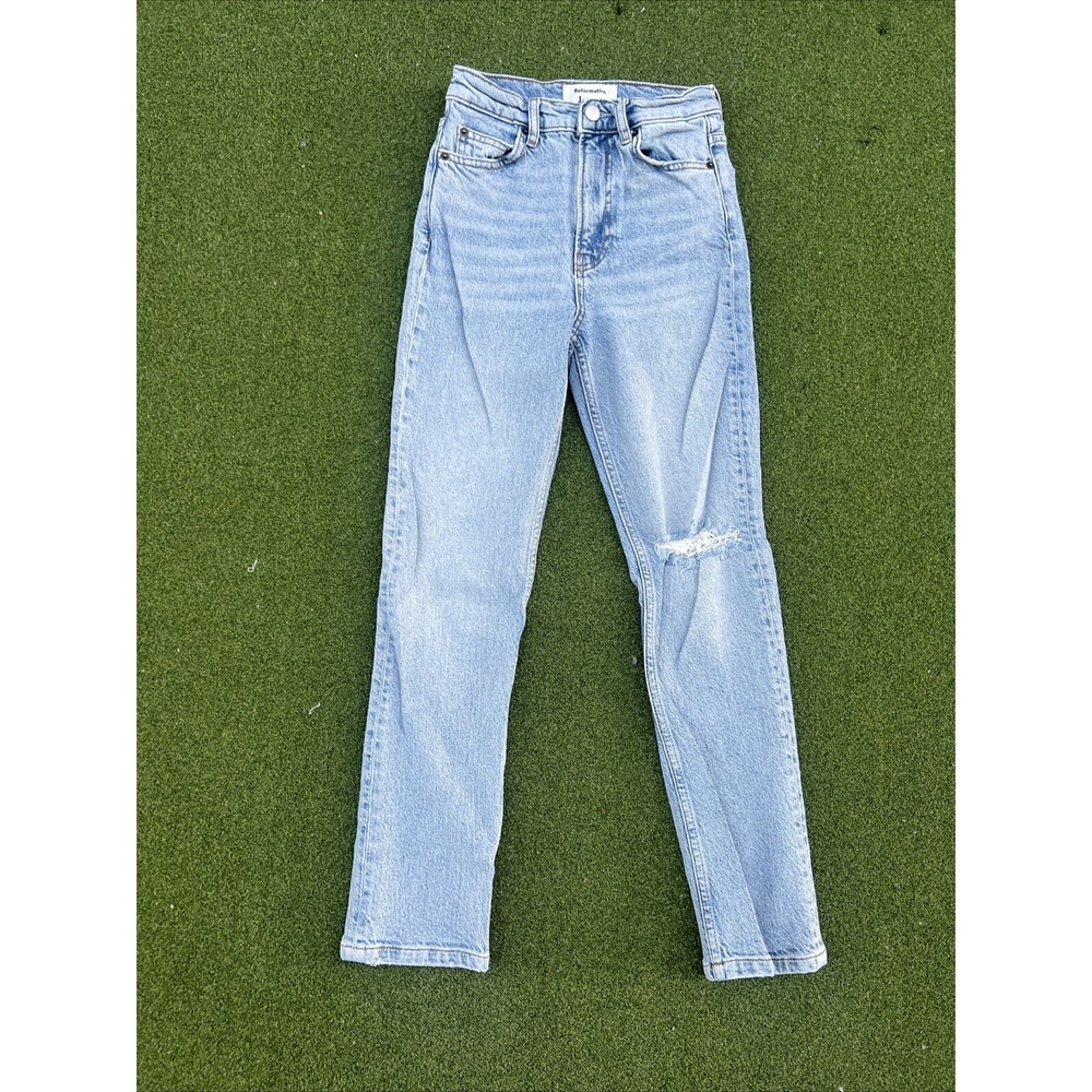 Reformation Jeans Lisa Montego Destroyed Light Wash High Waisted Straight 23